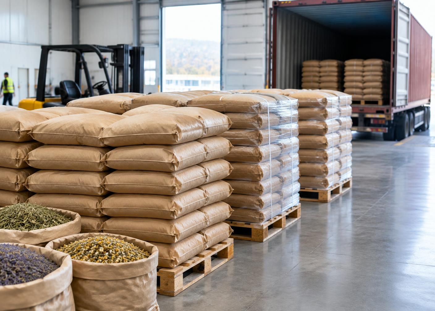 Packed herb sacks on pallets ready for container loading
