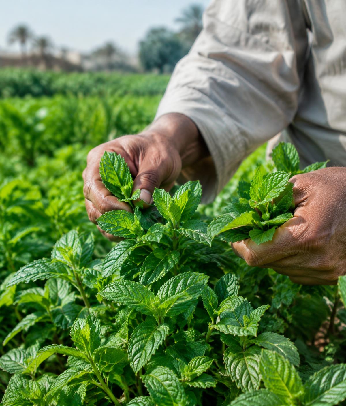 Hands harvesting fresh mint in an Egyptian field